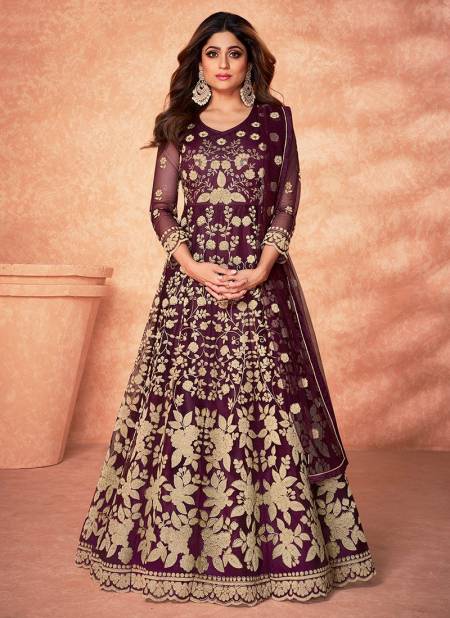 Wine Colour AASHIRWAD MORNI Heavy Wedding Wear Net Long Anrkali Slawar Suit Latest Collection 9180